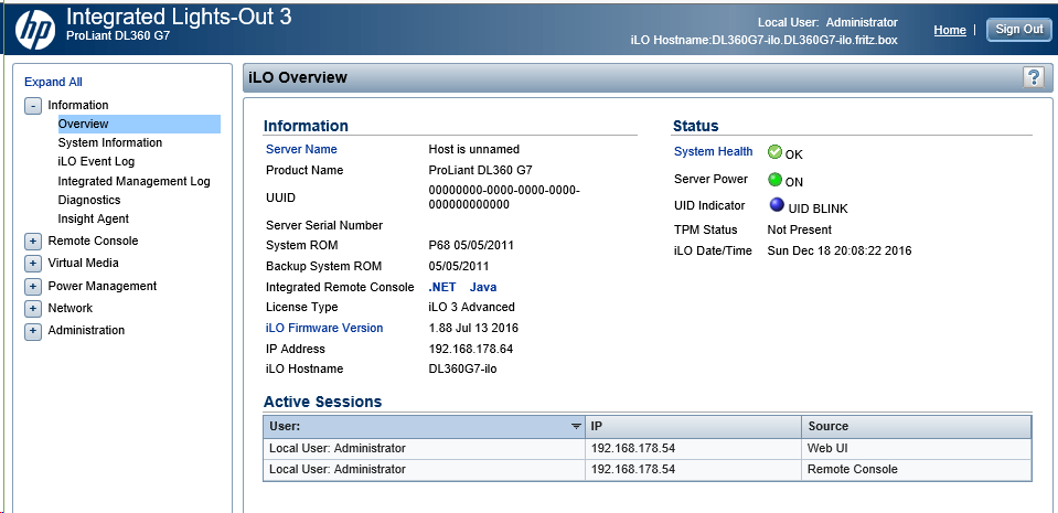 iLO 3 Oberfläche des HP DL360 G7 Servers